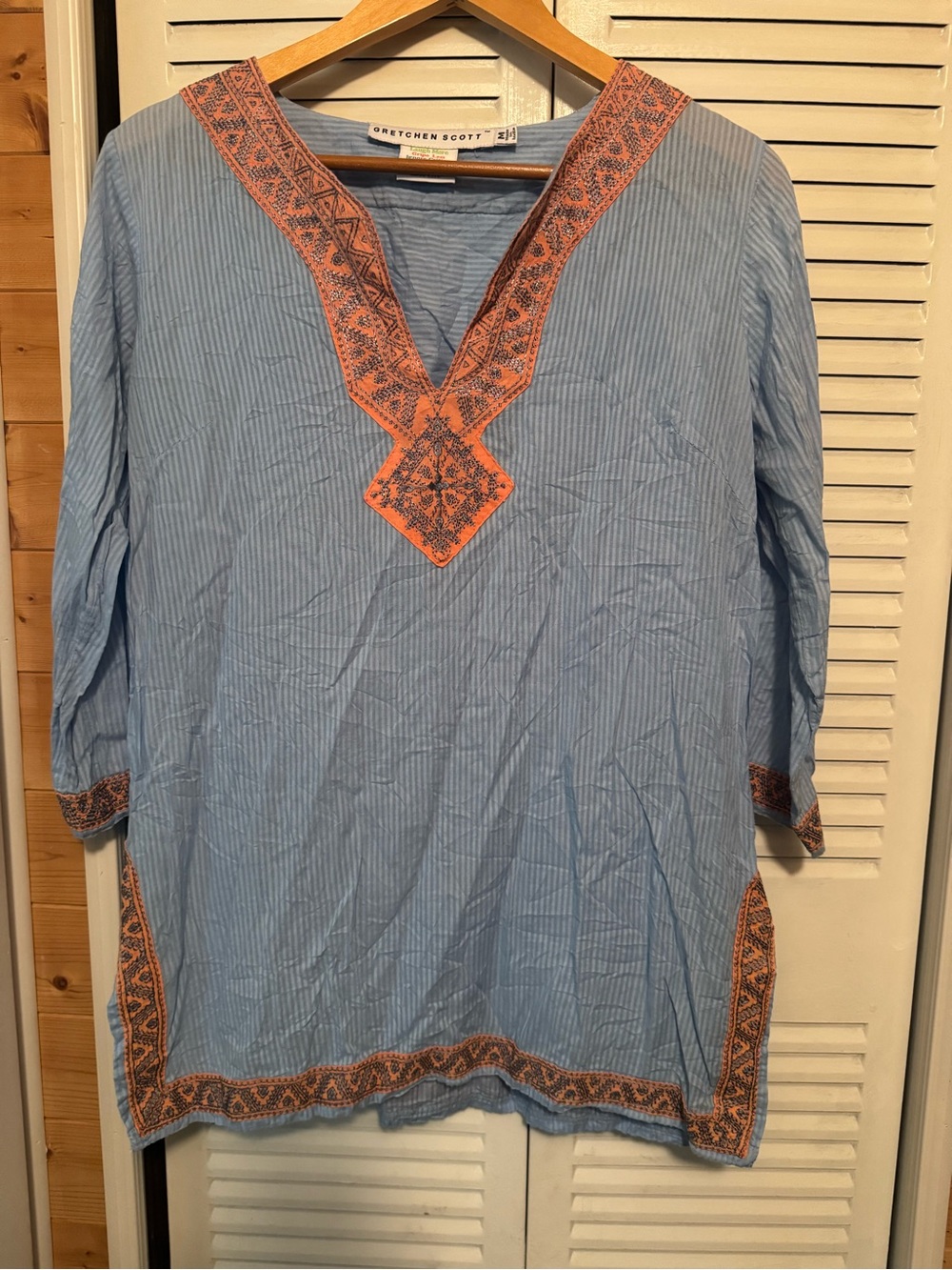Gretchen Scott Designs Blue Tunic with Orange Embroidered Trim